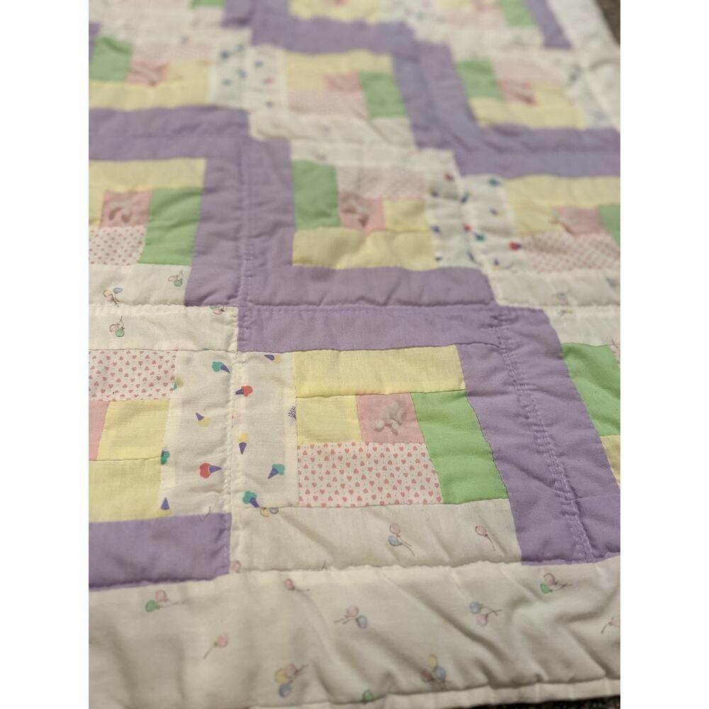 Vintage Pastel Log Cabin Style Crib Quilt. Handmade 34x47 Hand Stitched Quilted - Picture 5 of 9